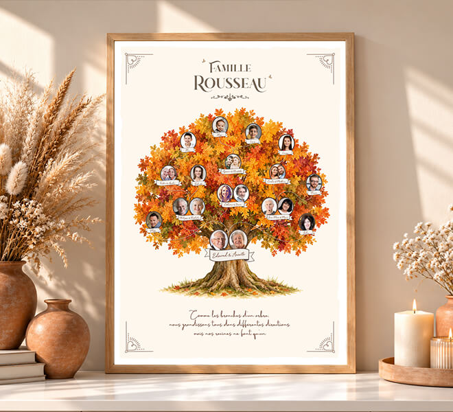 arbre généalogique de famille automne avec photos pour un cadeau d'anniversaire ou de mariage original
