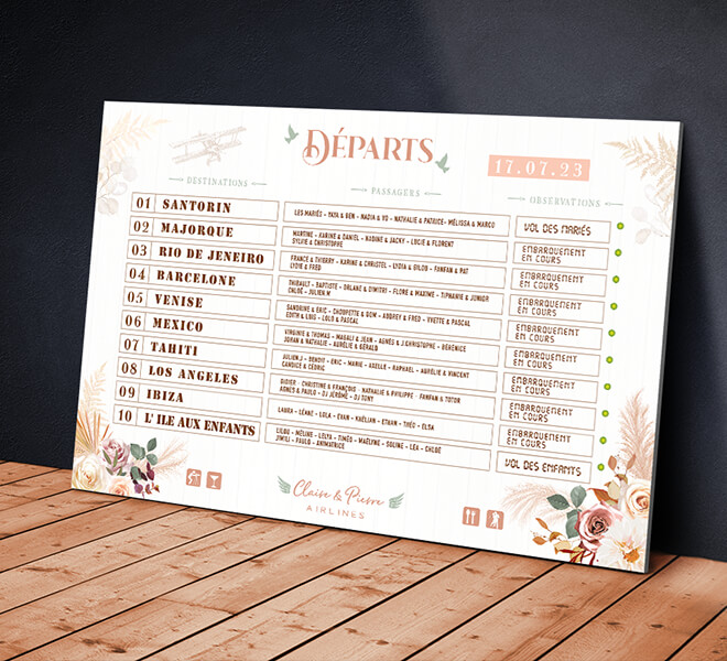 Plan de table de mariage panneau aéroport bohème fond effet bois blanc pour un mariage original sur le thème du voyage