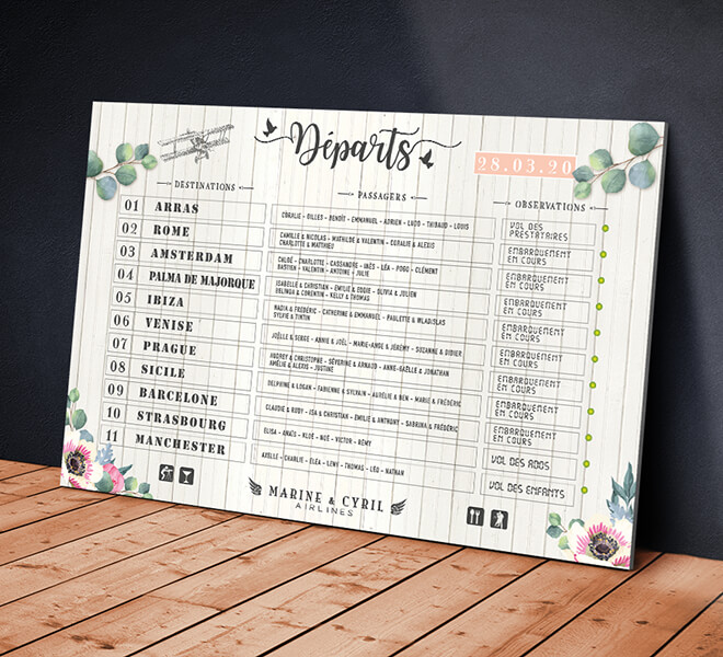 Plan de table de mariage panneau aéroport sur fond effet bois vintage pour un mariage sur le thème du voyage